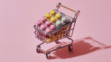 Mini card of medicine at pharmacy. The concept of online shopping medicine on blue background. Online Pharmacy. health insurance. Banner. Space for textの素材