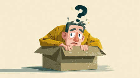 uncertain man looking in box with question mark on head, mix feeling of fear anxiety nervous sad, abstract cartoonの素材