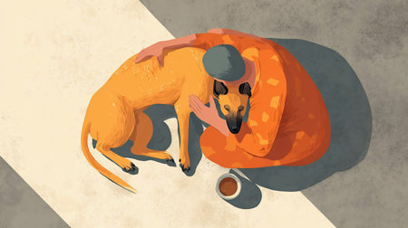 dog therapy concept, dog comfort sad crying man, cartoonの素材