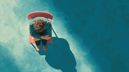 illustration of troubled sad teenage boy , sitting on chair, curling up and knees up, crying, he is meeting with therapist doctorの素材