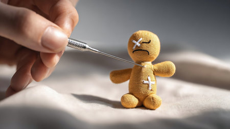 mental health therapy, anger management concept. hand picking pin into voodoo doll. cartoonの素材