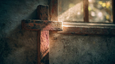 beautiful religious background for your design. wood cross on wall in old house, sun light through windowの素材
