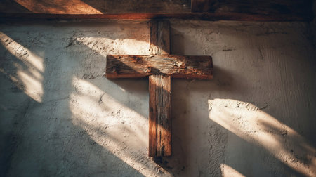beautiful religious background for your design. wood cross on wall in old house, sun light through windowの素材