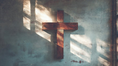 beautiful religious background for your design. wood cross on wall in old house, sun light through windowの素材