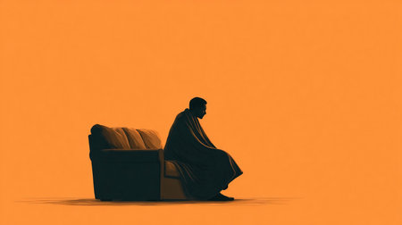 mental health, anxiety - depression negative emotion concept , silhouette person sitting on sofa cover with blanket, cartoonの素材