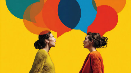 Conceptual graphic design. Two women energetically speaking, large colorful speech bubbles overlapping, symbolizing vibrant discussion, storytelling. Concept of communication, brainstorming. Adの素材