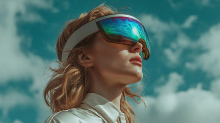 A woman wearing a vibrant futuristic visor gazes upwards under a cloudy sky. Her light colored shirt contrasts against the vivid hues of the visor, creating a modern feelの素材