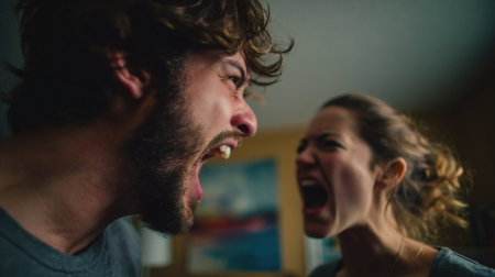 a man shouting - yelling at a woman, family couple fight each other, crisis, father - mother, married - divorce, domestic violence conceptの素材