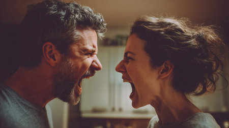 a man shouting - yelling at a woman, family couple fight each other, crisis, father - mother, married - divorce, domestic violence conceptの素材