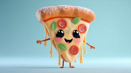 A cheerful slice of pizza designed as a 3D character, gooey melted cheese stretching like a playful scarf, smiling face with happy eyes, pepperoni and basil toppings styled as cartoon details, standing upright with small arms and legs, rendered in a whimsical pastel toy-like aesthetic, clean soft background, modern character design for branding or stickersの素材