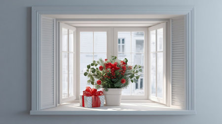 3d render of opened window with merry christmas and happy new year concept for your product displayの素材
