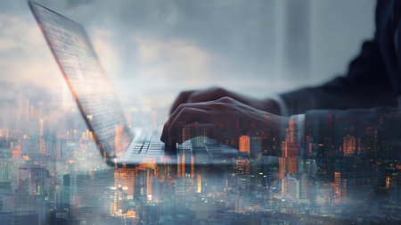 Digital technology, internet global network communication technology concept. Business man using laptop computer with global internet network connection, smart city as background, data exchangeの素材