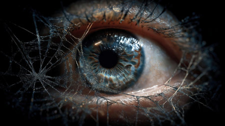 mystery eye emerging from shadows. An eye emerging from the web on a cyberspaceの素材