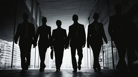 A group of silhouettes of business people dressed in suits and ties walks proudly after leaving the offices. Concept of: team, success, connection and internationalityの素材