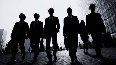 A group of silhouettes of business people dressed in suits and ties walks proudly after leaving the offices.の素材