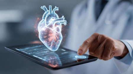 Close up of doctor holding tablet with examination result hologram of heart floating at laboratory. Medical worker using technology innovation to analyze human anatomy.の素材