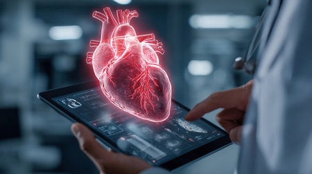 Close up of doctor holding tablet with examination result hologram of heart floating at laboratory. Medical worker using technology innovation to analyze human anatomy.の素材