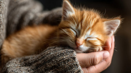 Kitten sleeping in man hands. Pet owner and his baby cat. Cozy nap time. Animal love.の素材