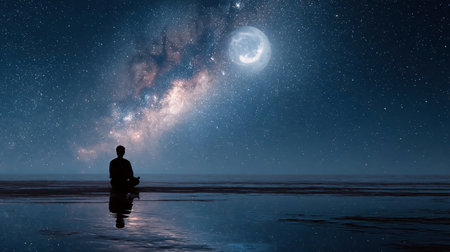 Man silouette.person on the rock outdoors meditating or praying at night under the Milky Way and full Moonの素材