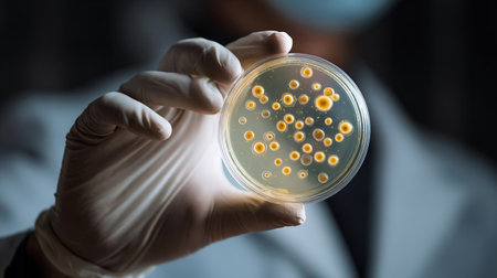 Science and Life. A scientist holding a Petri Dish with Virus and bacteria cellsの素材