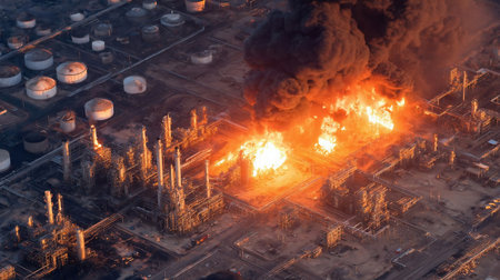 Real estate, property and life insurance. Major fire at an industrial oil refinery. Oil rig ablaze with dramatic fire and clouds. Fire at the enterprise. Elements of this image furnished by NASAの素材