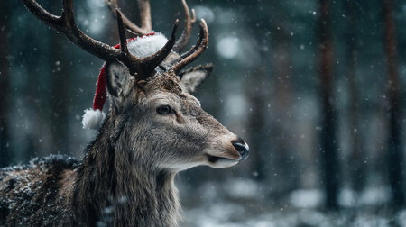 Christmas Deer. A mature deer with a Santa hat looks over a tree as the snow falls in the forestの素材