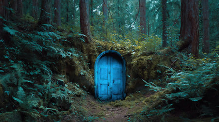 Magical portal door in dark forest. Brightly colored blue fairyの素材