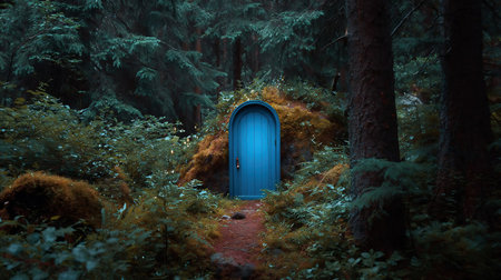 Magical portal door in dark forest. Brightly colored blue fairyの素材