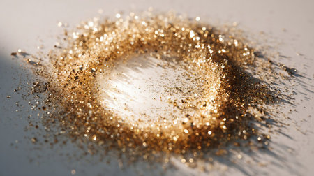 gold glitter circle of light shine sparkles and gold.Beautiful futuristic glittering in space on black background.の素材