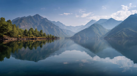 Magnificent views by the lake with beautiful reflections of the mountains. Magnificent view of the medieval villageの素材