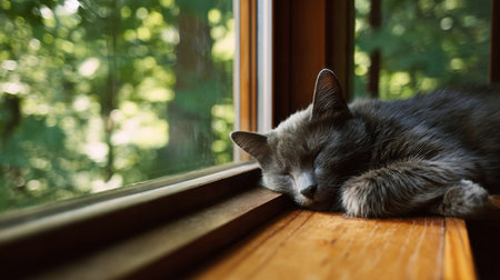 Cat Snoozing by Window: Valley Forest Overlook in the Serene Outdoorsの素材