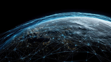 Ai Neural Networks Covering Planet Illustration. International Airlines. Internet Connections. Business Transaction Lines Worldwide. Global Digital Grid Growing Over Earth Looped Netの素材