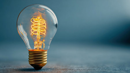 Glowing light bulb, smart idea concept against a blurry blue backgroundの素材