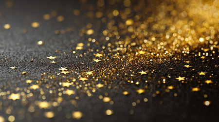 concept of golden particles for celebrating birthdays and holidays. bokeh background with light particles and stars rising up on a dark backgroundの素材