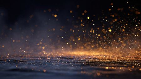 concept of golden particles for celebrating birthdays and holidays. bokeh background with light particles and stars rising up on a dark backgroundの素材