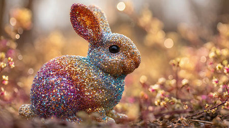 Happy Easter bunny sparkling in spring nature. colorful rabbit Sparkle glitter texture. Happy easter rabbit in natureの素材