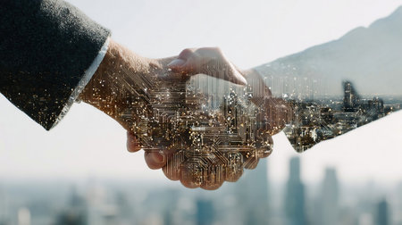 Closeup of two businessmen shaking hands with digital circuit overlay and city skyline background, symbolizing technology and partnershipの素材
