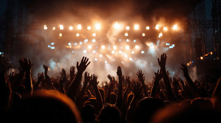 Energetic crowd with hands raised in the air under bright stage lights at a concert or festival, capturing the excitement and euphoria of live musicの素材
