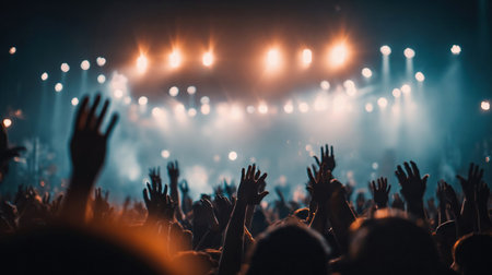 Energetic crowd with hands raised in the air under bright stage lights at a concert or festival, capturing the excitement and euphoria of live musicの素材