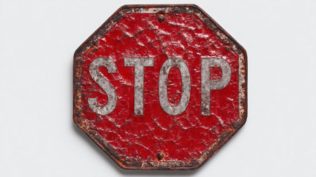 Rustic Red Stop Sign: Weathered, Worn Urgent Warningの素材