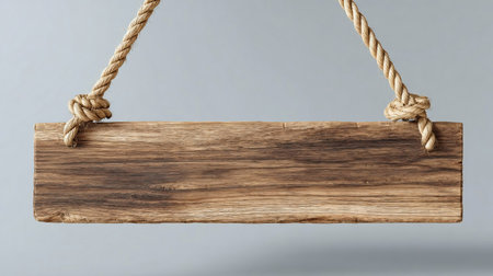 Wooden Sign Hanging by Ropes on light Backgroundの素材