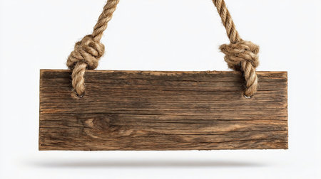 Wooden Sign Hanging by Ropes on light Backgroundの素材
