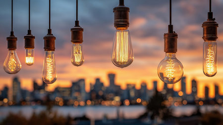 Many glowing vintage lightbulbs hang against a vibrant city skyline at sunset, creating a magical and inspiring urban sceneの素材