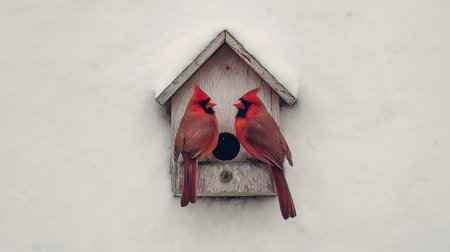 Bird feeder in winter with jays and cardinals. Red cardinals on a snowy birdhouseの素材