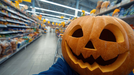 Funny Halloween pumpkin, takes a selfie in the supermarketの素材