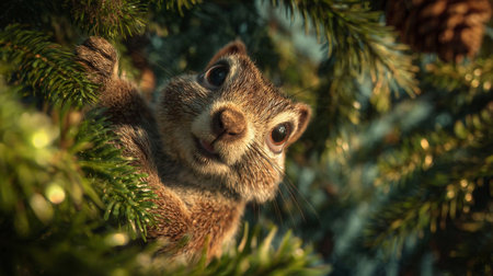 A squirrel is decorating a Christmas tree in the woodsの素材