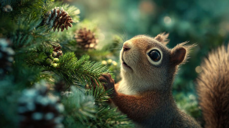 A squirrel is decorating a Christmas tree in the woodsの素材