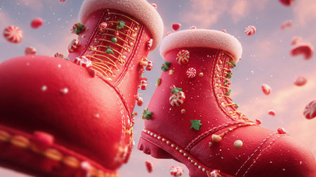 Red Santa boots with Christmas decorations. Christmas backgroundの素材