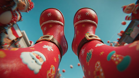 Red Santa boots with Christmas decorations. Christmas backgroundの素材