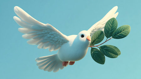 A free white dove holding green leaf branch flying in the sky. International Day of Peace concept backgroundの素材